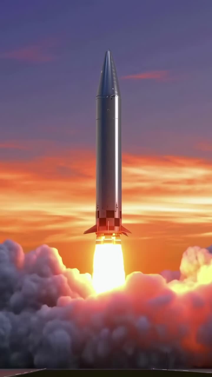 Dynamic video of a rocket launch at sunset, captured from a low angle, highlighting power