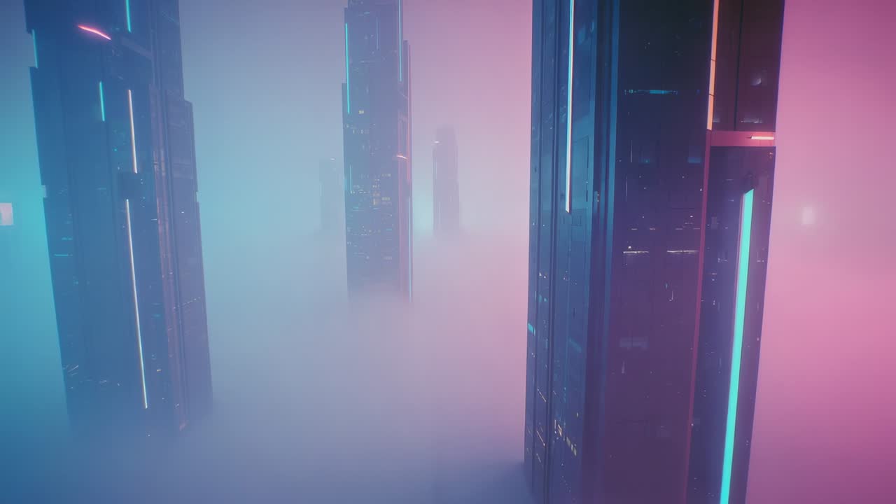 At dawn camera panning neon-lit skyscraper in city above dense fog pastel gradient sky, copy space