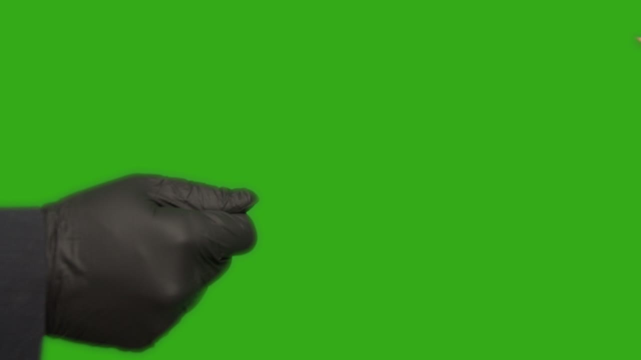 Making a deal, handing over a stack of money and shaking hands with rubber gloves