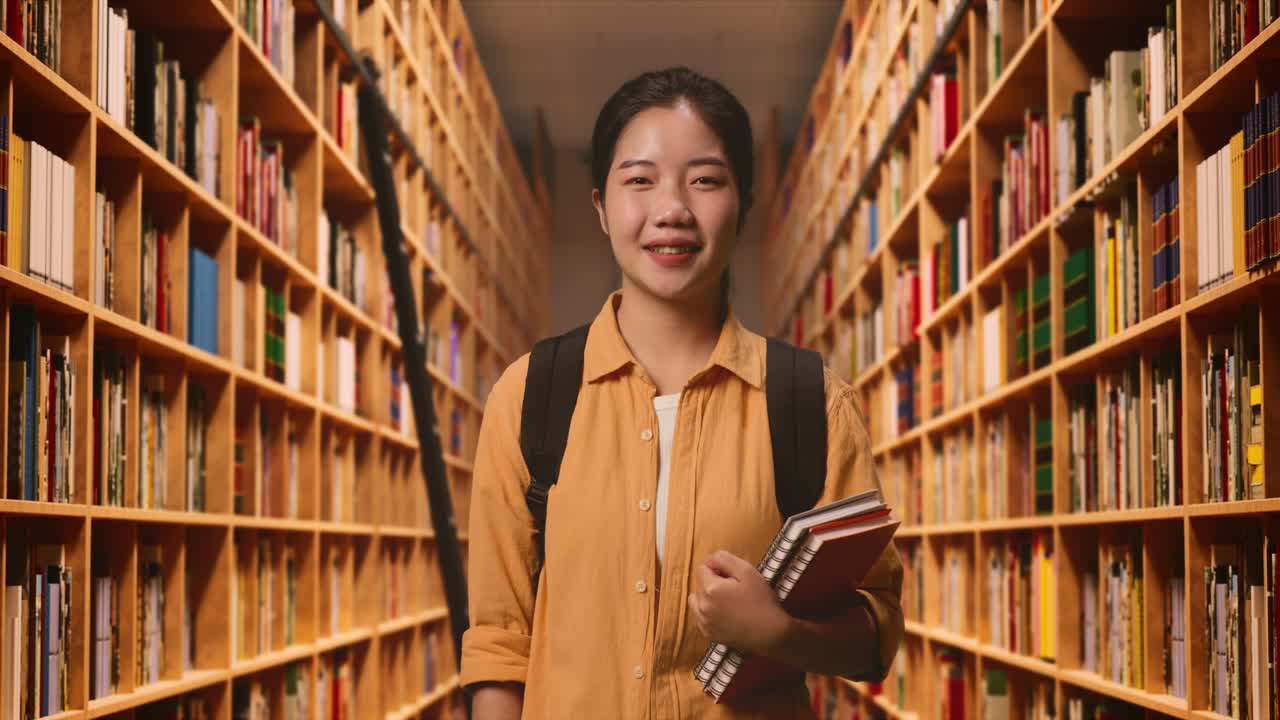Asian Woman Student With A Backpack And Some Books Standing And Smiling To Camera In The Library
