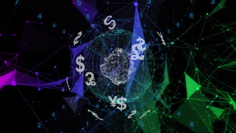 Animation-of-globe-of-connections-with-currency-symbols-and-data-processing-on-black-background