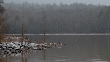 El-Comienzo-De-Una-Enorme-Tormenta-De-Nieve-En-Lo-Profundo-De-Un-Hermoso-Bosque-Sobre-Un-Lago-De-Montaña