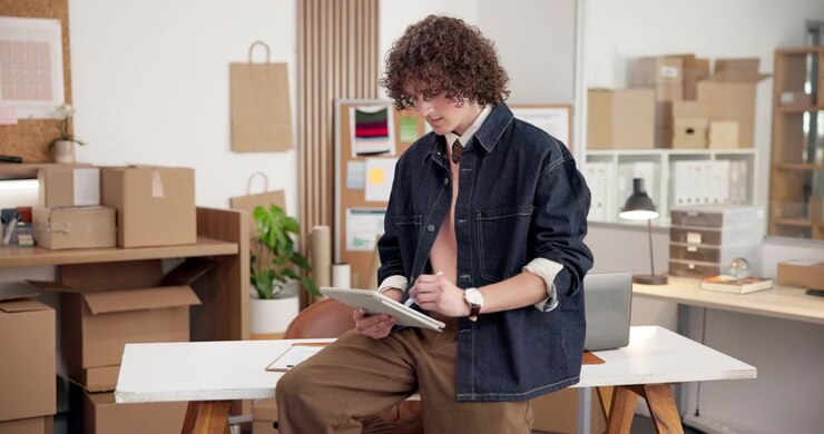 Young Man Using Digital Tablet in Creative Office Workspace
