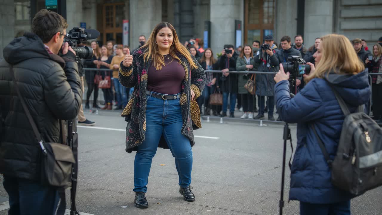 Stepping forward, woman in patterned coat posing thumbs-up on closed city street for two cameras