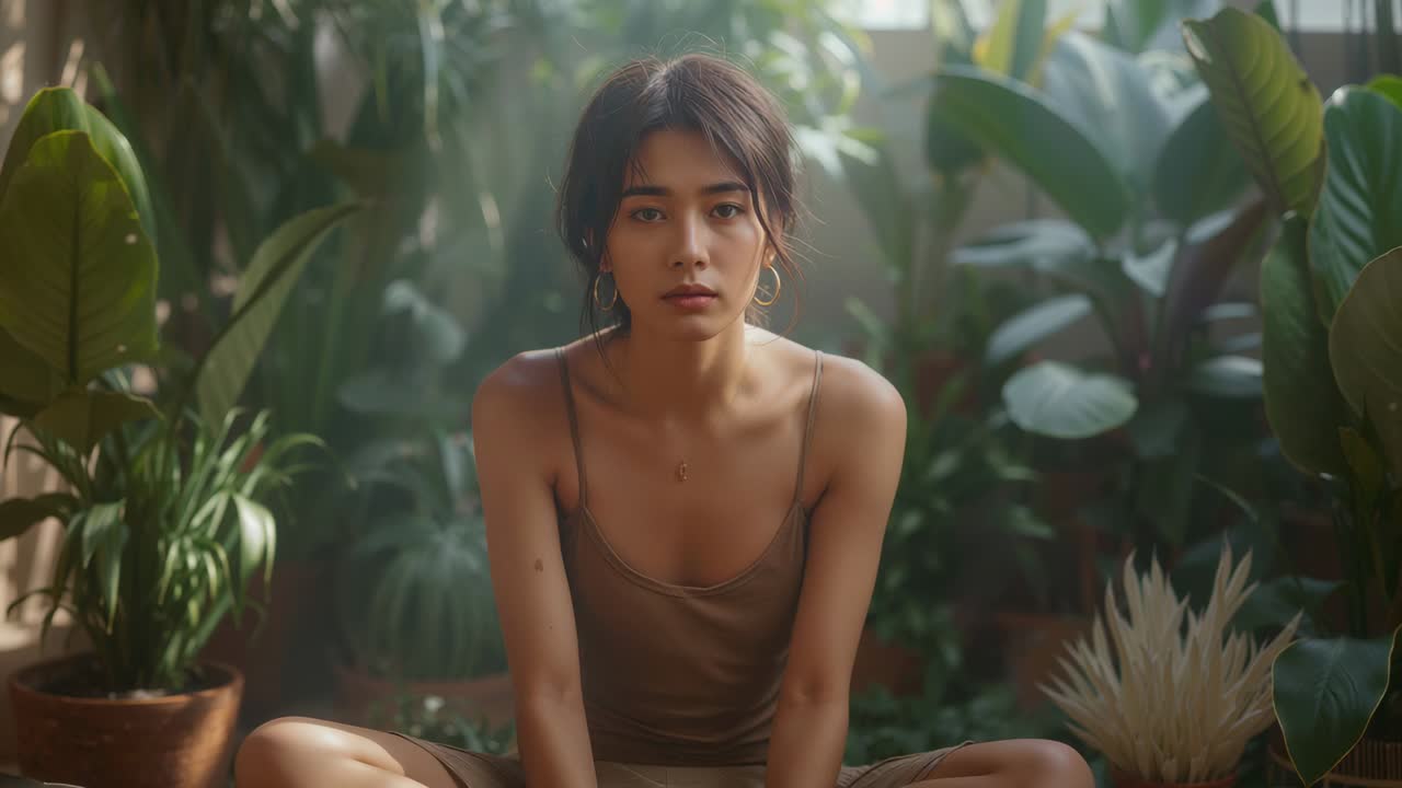 Sitting woman wearing tank top and hoops, raising gaze smiling as camera focusing in sunlit plants