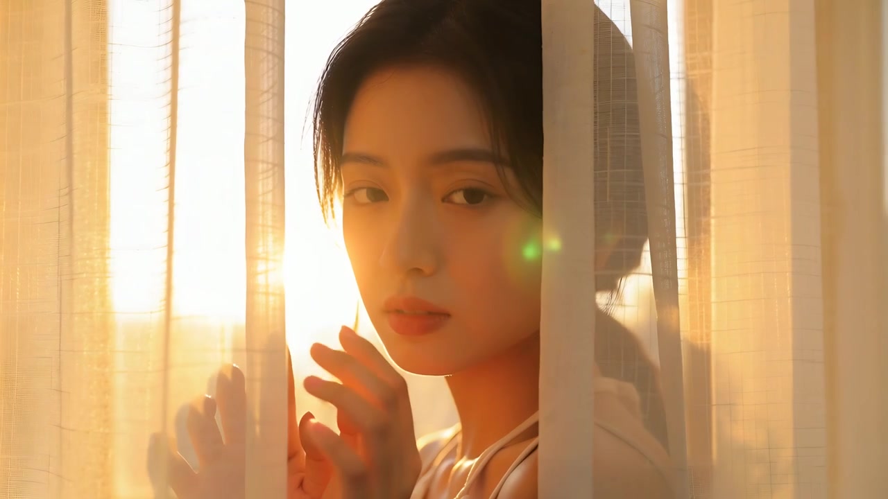 触摸窗帘，穿着细吊带上衣的女人感受窗边金色阳光，睁开眼睛。