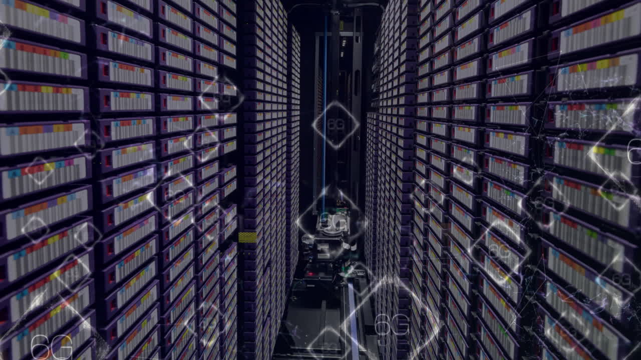 animación de la red de conexiones con textos 6g a través de la sala del servidor