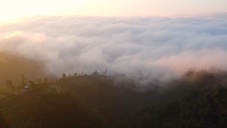황금의 해가 뜨는 동안 인도네시아의 울창한 산과 밀집한 구름이 숨겨진 계곡의 공중 전망