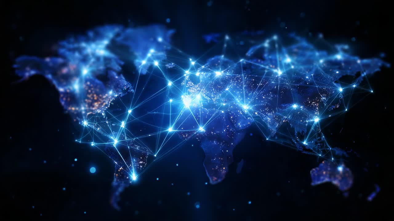 An Expansive Network of Connected Cities Illustrated on a Glowing World Map with Dazzling Lights and Blue Tones Depicting Global Communication and the Interconnectedness of Urban Areas