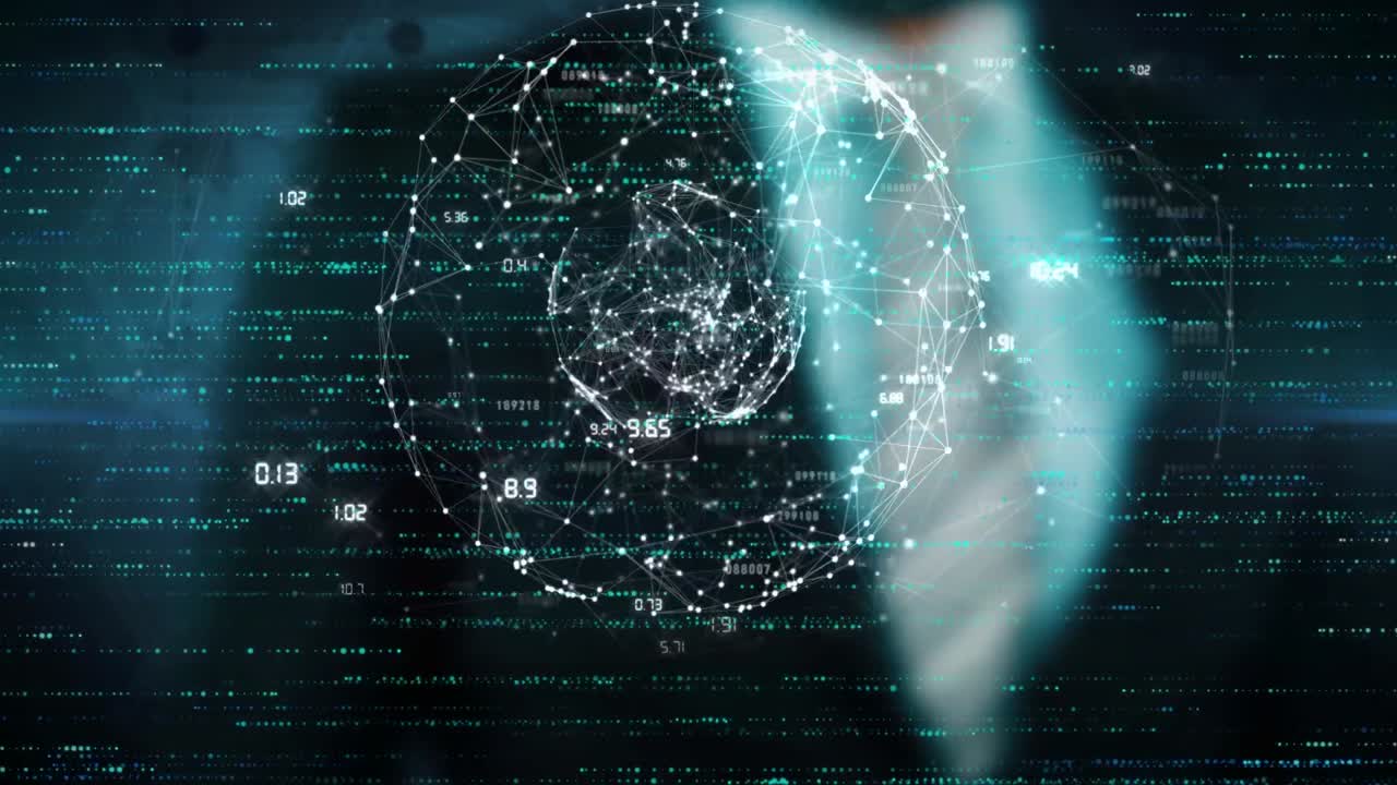 animación de procesamiento de datos y empresario caucásico sobre fondo negro