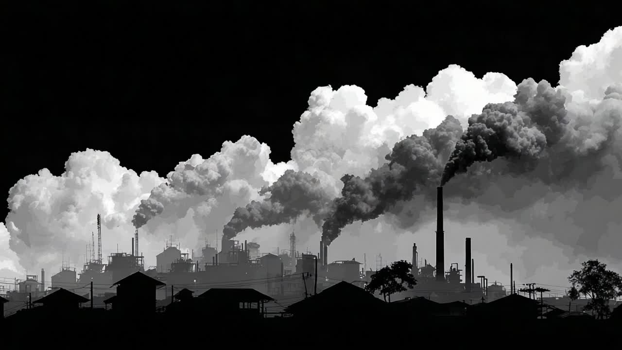 Dramatic Contrast Between Industry and Nature: Silhouetted Smoke Stacks Against a Cloudy Sky Manifesting Environmental Concerns and Urban Development