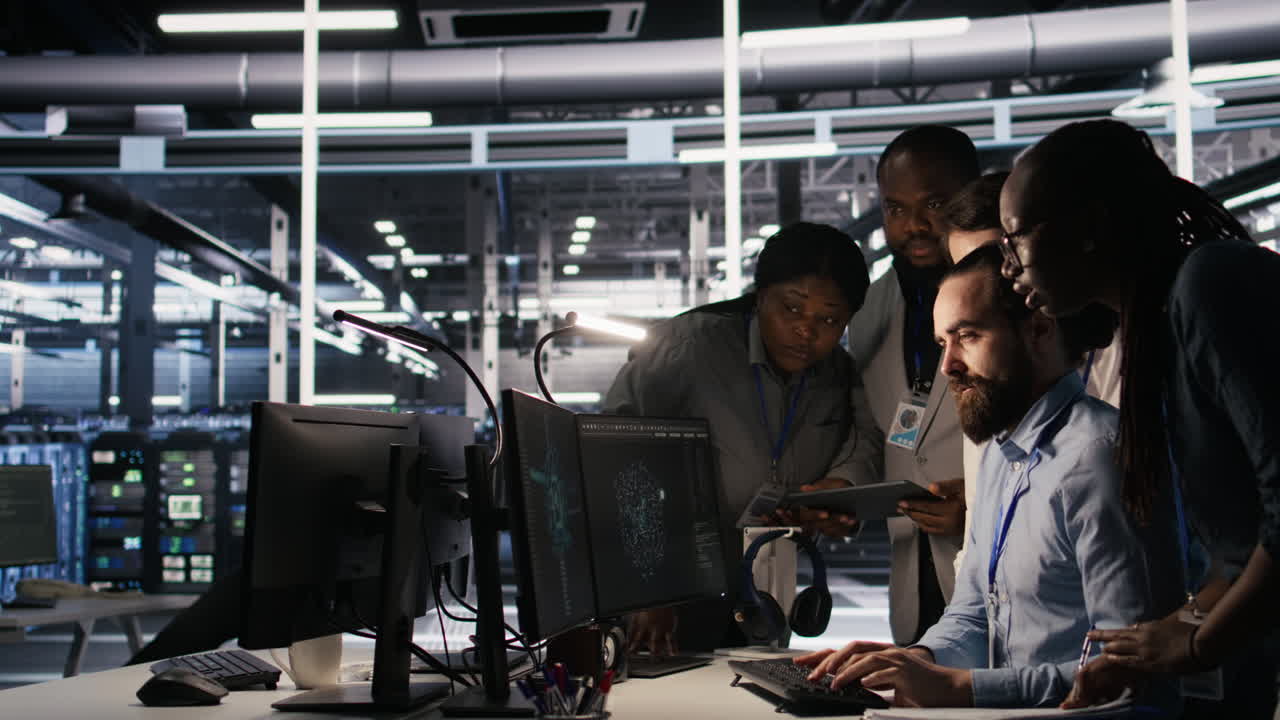 Vertical video Admins doing brainstorming in server hub, reviewing machine learning code