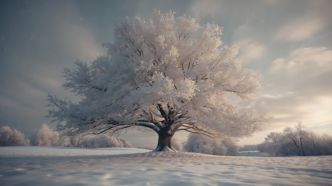 Moving camera approaching frosted tree in snowy meadow, revealing bark frost, distant tree line