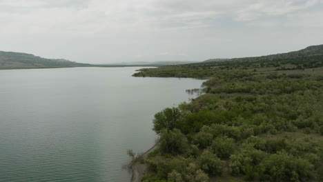 Shoreline-of-Dali-Mta-lake-reservoir-with-bush-vegetation,-Georgia