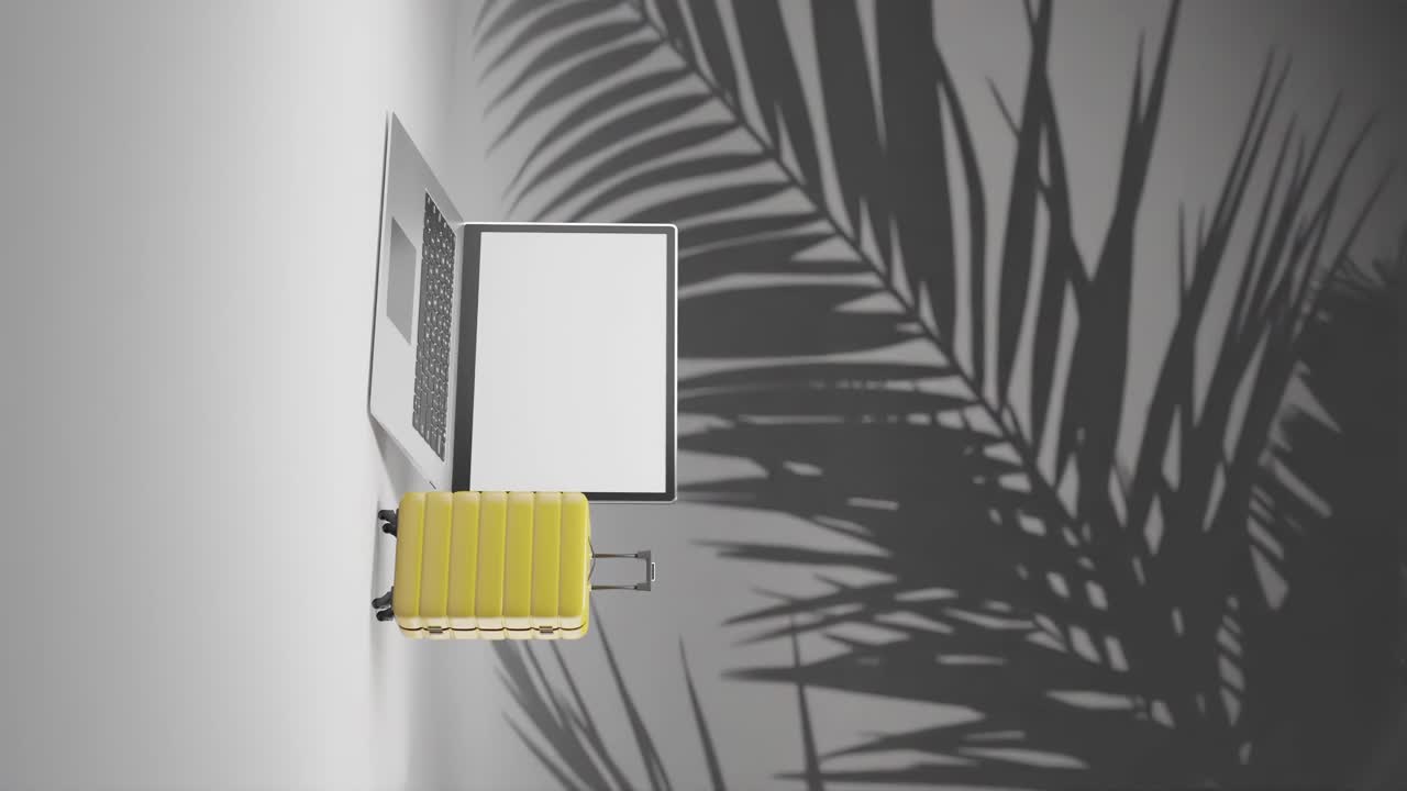 3d rendering animation of modern laptop and luggage travel suitcase concept of digital nomad remote working on white background vertical