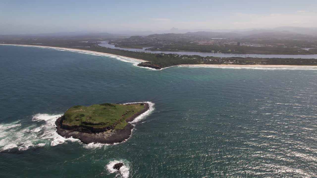 Cook Island Aquatic Reserve And Fingal Head Coast On Sunny Day In New South Wales, Australia. aerial pullback shot