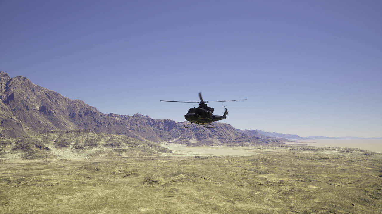 helicóptero volando sobre montañas escarpadas en un vasto paisaje desértico