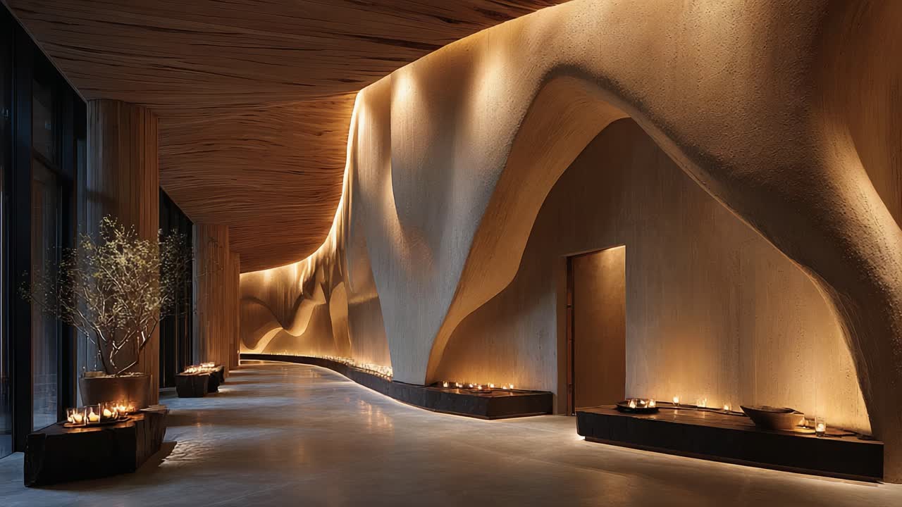 A Serene Atmosphere in a Luxurious Spa Corridor with Soft Ambient ...