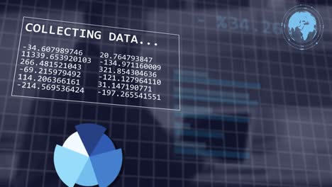 animación de la interfaz con el procesamiento de datos estadísticos contra el hombre que utiliza una computadora portátil en la oficina