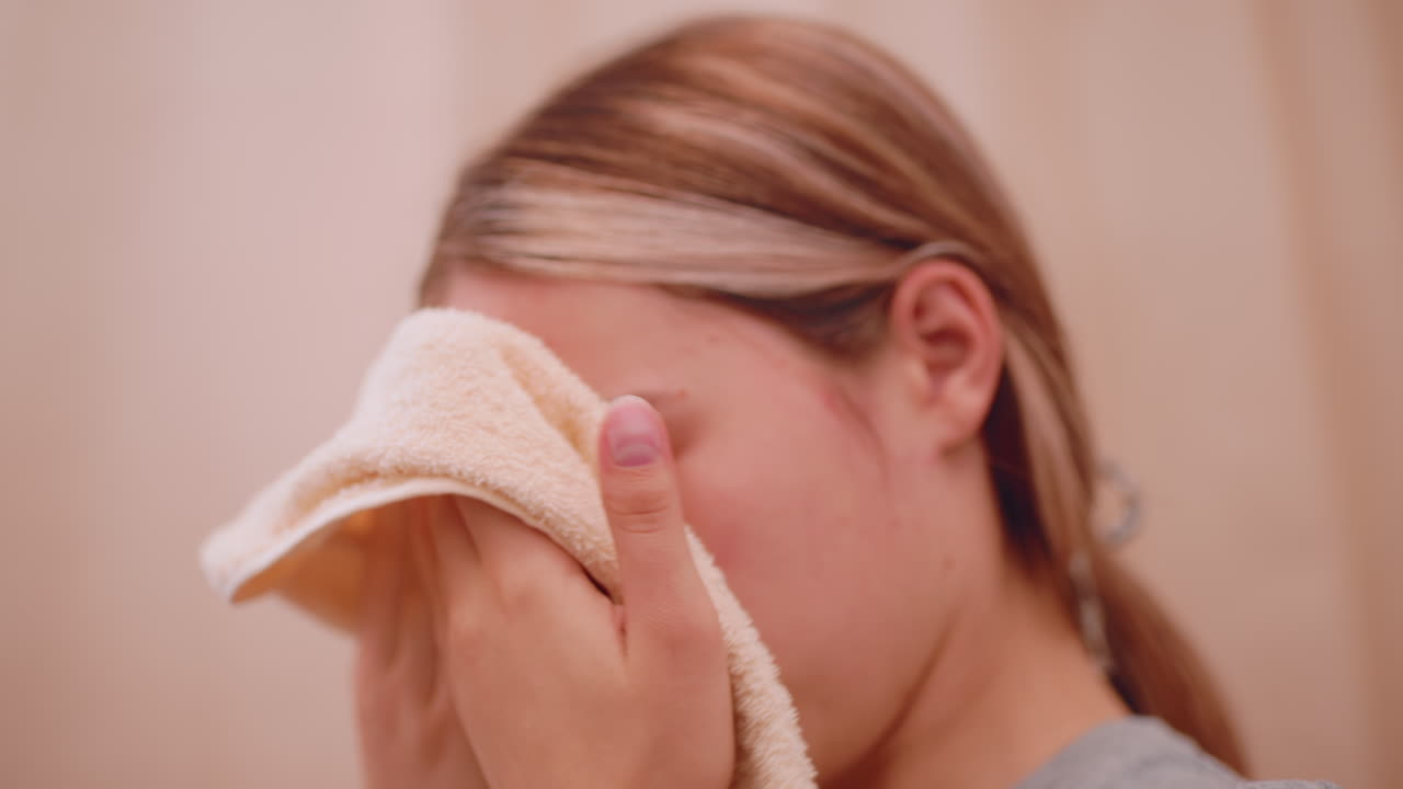 Close up of woman cleaning face with towel after washing in bathroom, focusing on skincare and hygiene routine, natural skin with acne, beauty treatment, refreshing daily ritual