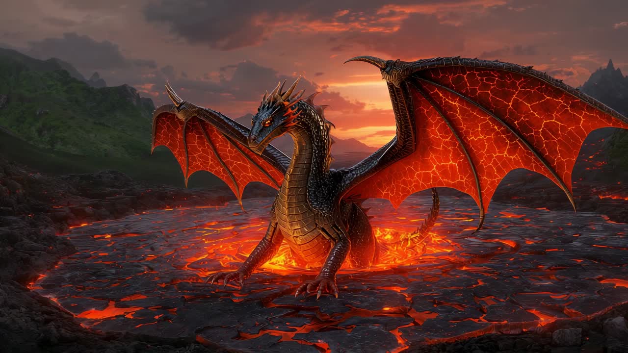 Rising from glowing lava winged dragon spreading wings on volcanic crater at sunset, drifting smoke
