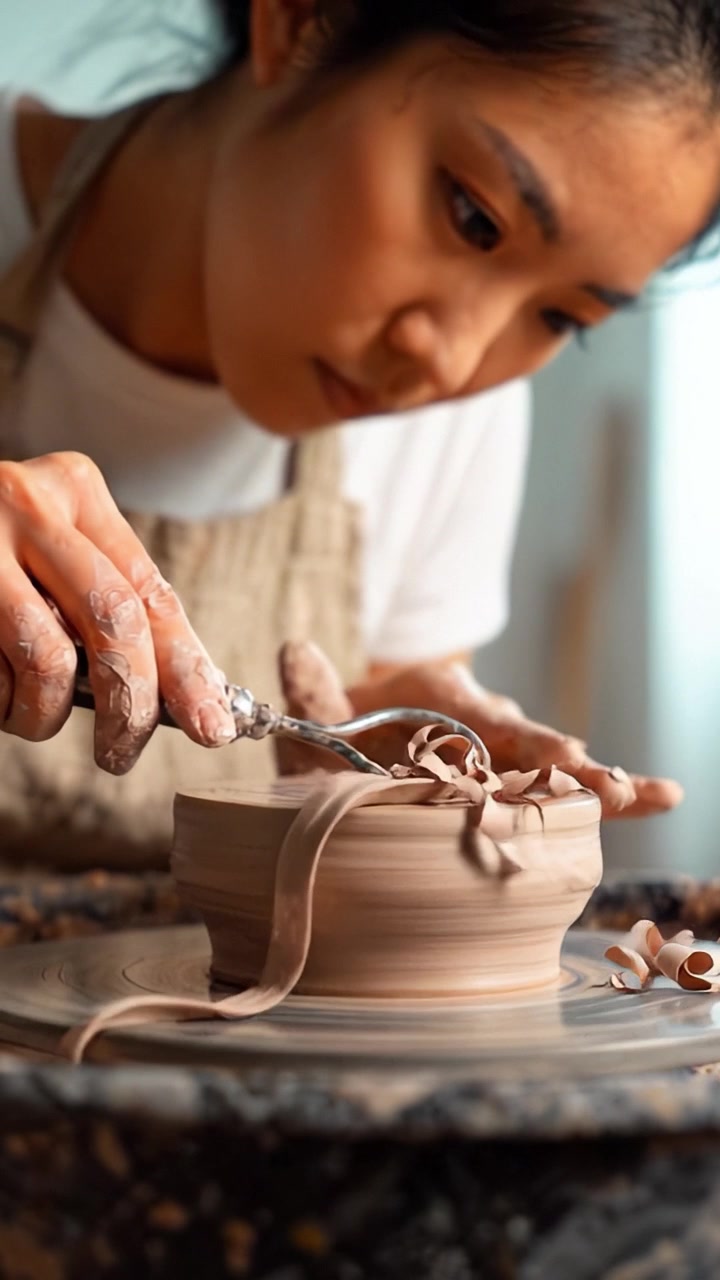 Artesão Criando um Vaso de Cerâmica na Roda: Artista Focado Modela Argila Úmida com Precisão em um Ambiente de Oficina Contemporâneo, Exibindo Habilidade e Artesanato.