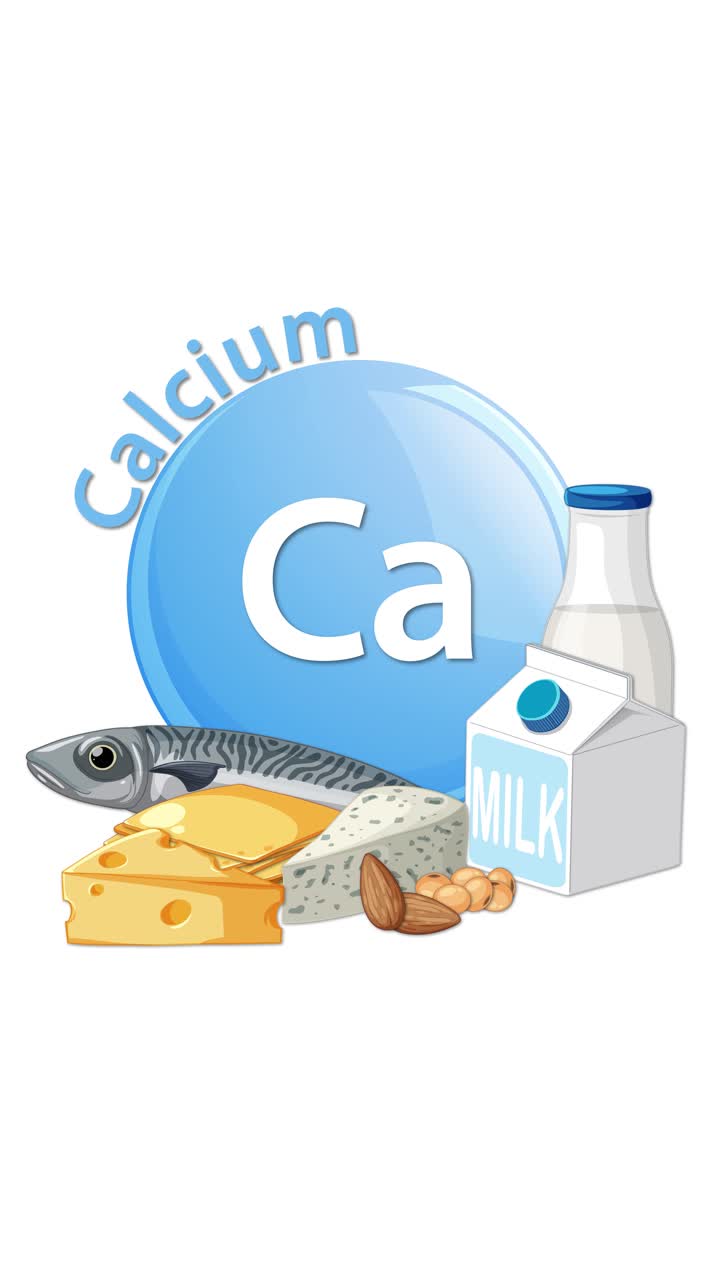 Icona blu del calcio gradualmente circondata da formaggio, pesce, latte e mandorle su uno sfondo bianco, usando transizioni fluide e una composizione pulita e verticale
