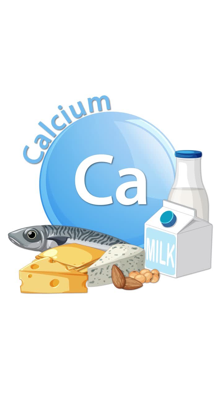 Icona blu del calcio gradualmente circondata da formaggio, pesce, latte e mandorle su uno sfondo bianco, usando transizioni fluide e una composizione pulita e verticale