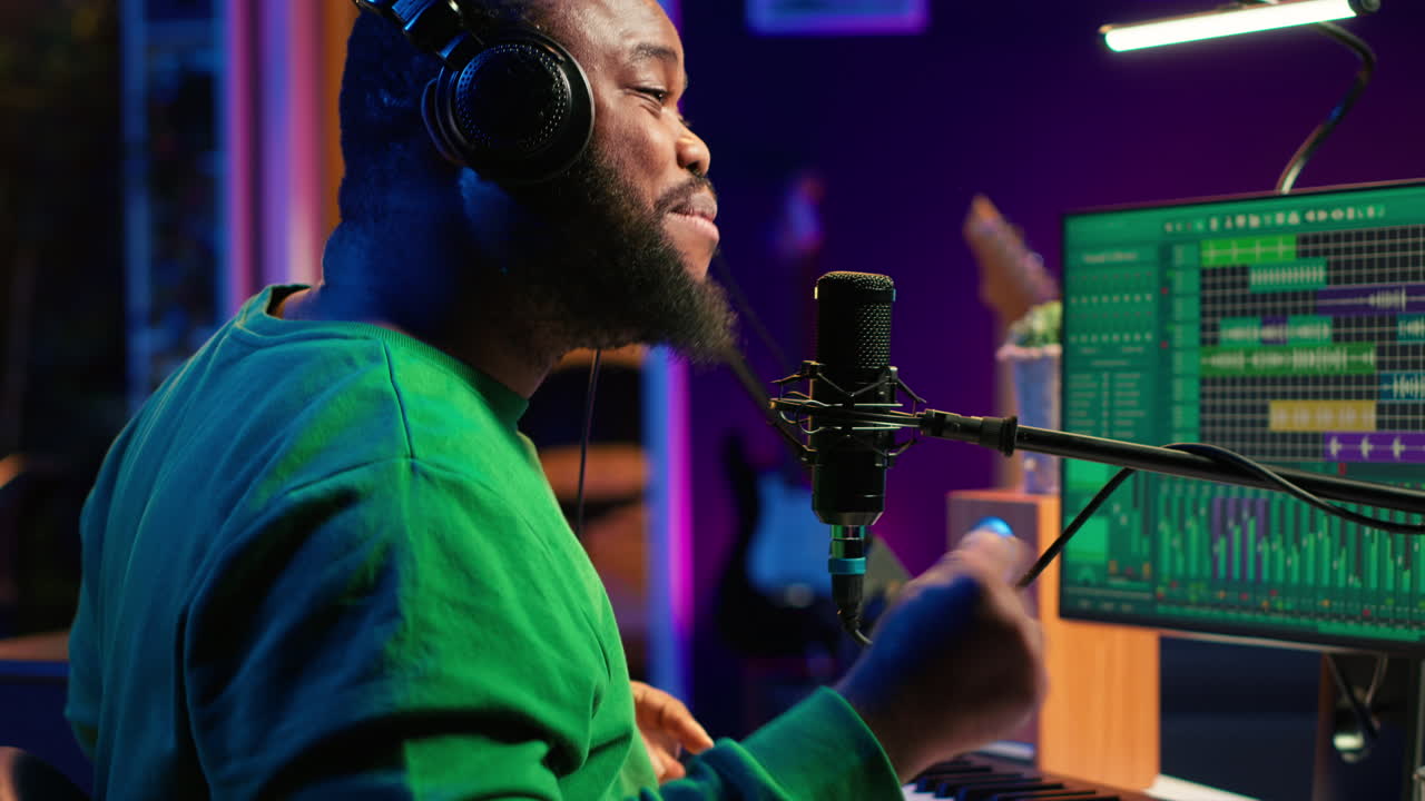 artista cantante confiado interpretando una canción en el micrófono en el estudio casero