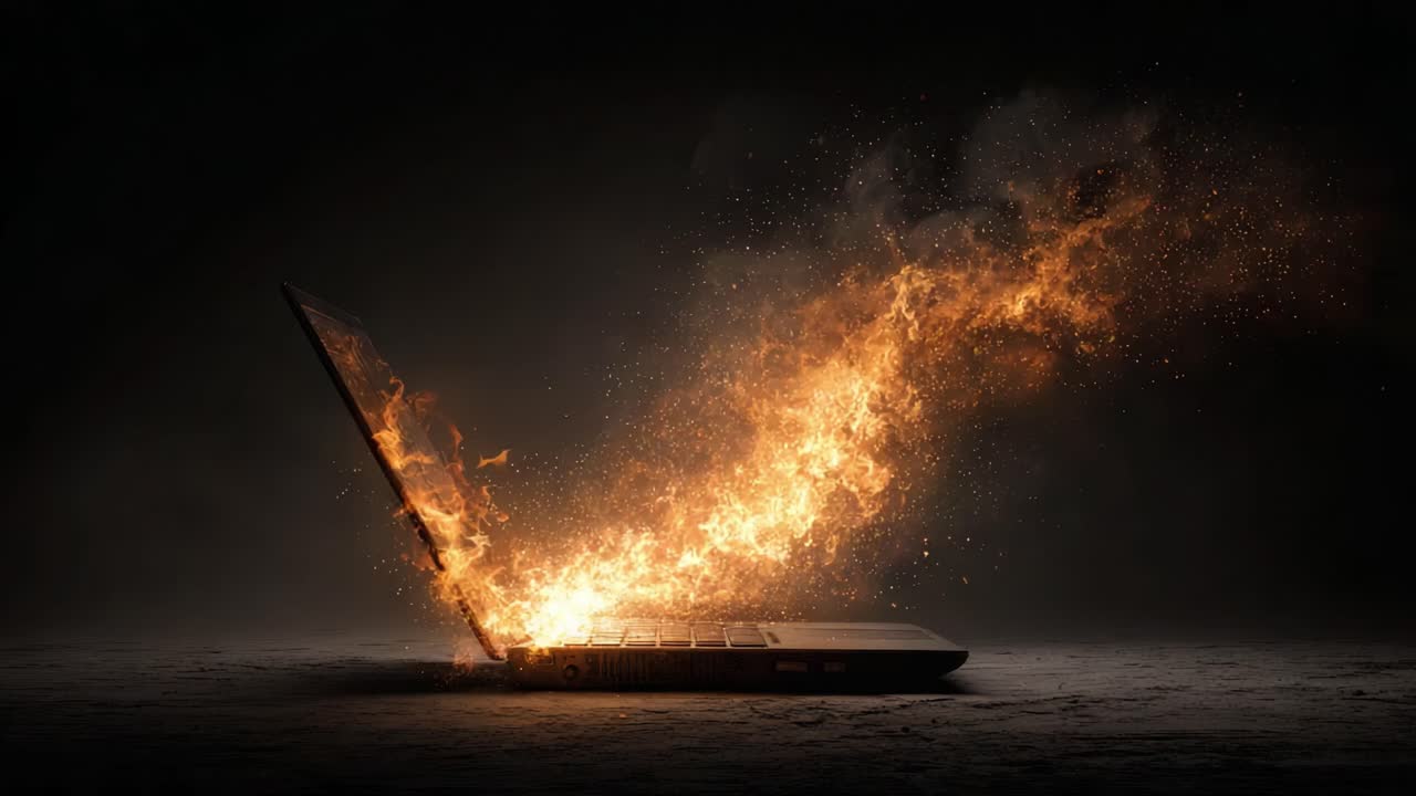 Una rappresentazione surreale della tecnologia e del fuoco: immortalare il momento in cui un portatile erutta in fiamme, a simboleggiare energia e trasformazione nell'era digitale