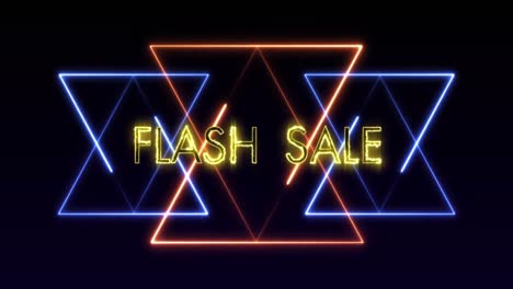 Animation-Von-Flash-Sale-Text-In-Leuchtend-Gelben-Buchstaben-über-Neondreiecken