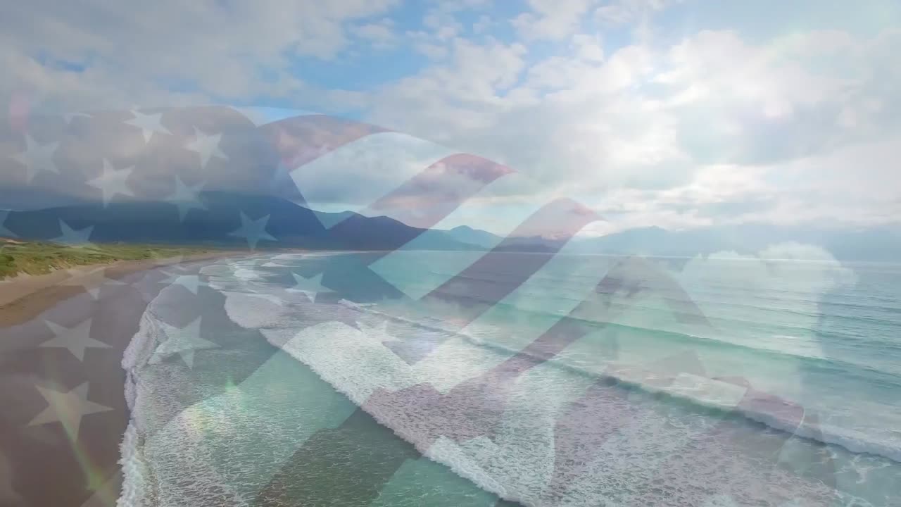 composición digital de agitarnos la bandera contra la vista aérea de la playa