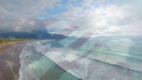 Digital-composition-of-waving-us-flag-against-aerial-view-of-the-beach