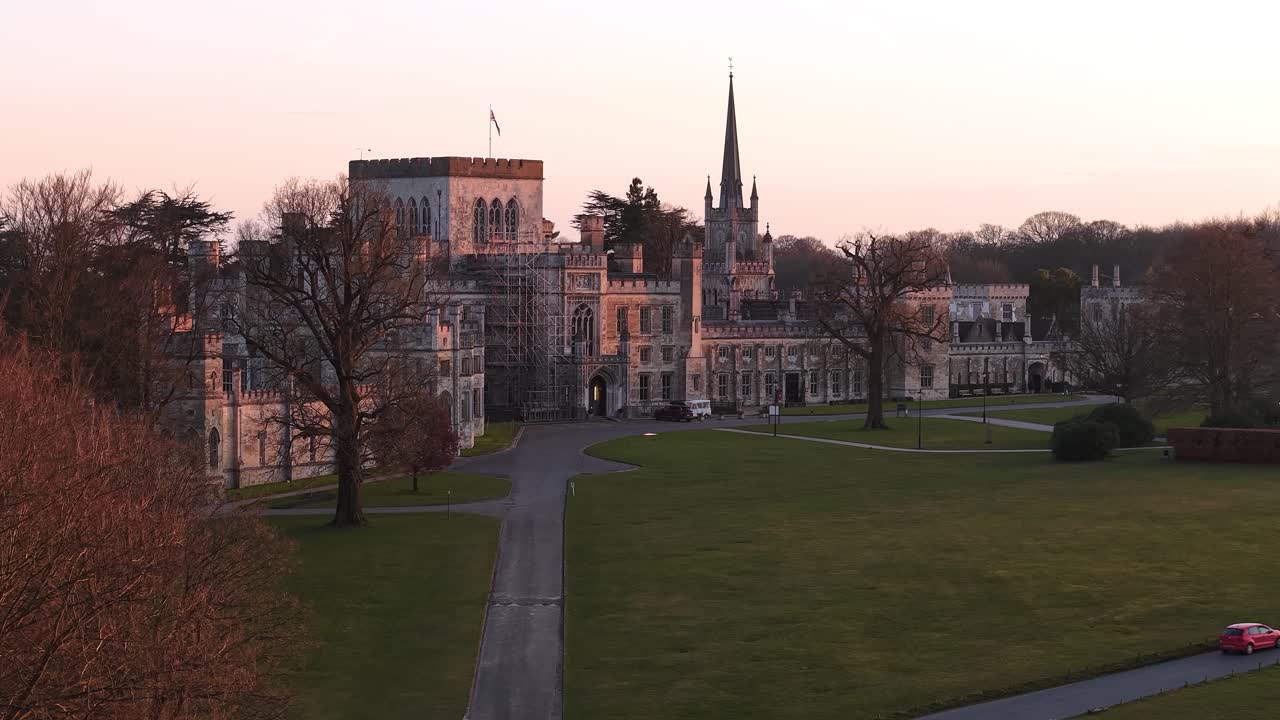 Country Estate And Stately Home Of Ashridge In Hertfordshire, England, UK. Aerial Pullback Shot