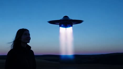 woman looking up at a ufo in the night sky