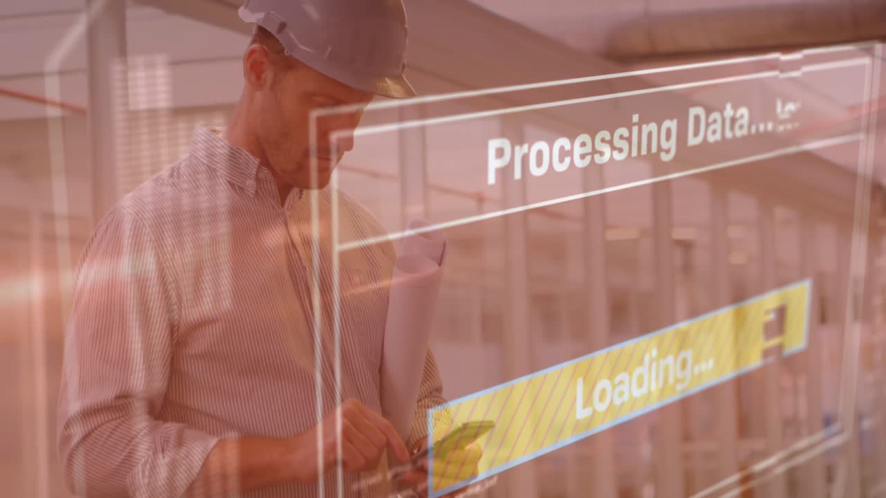 animación del procesamiento de datos en la pantalla sobre el arquitecto utilizando un teléfono inteligente