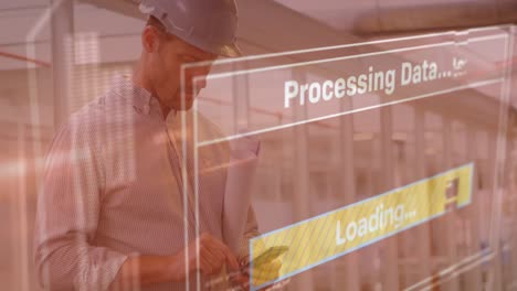 Animation of data processing on screen over architect using smartphone