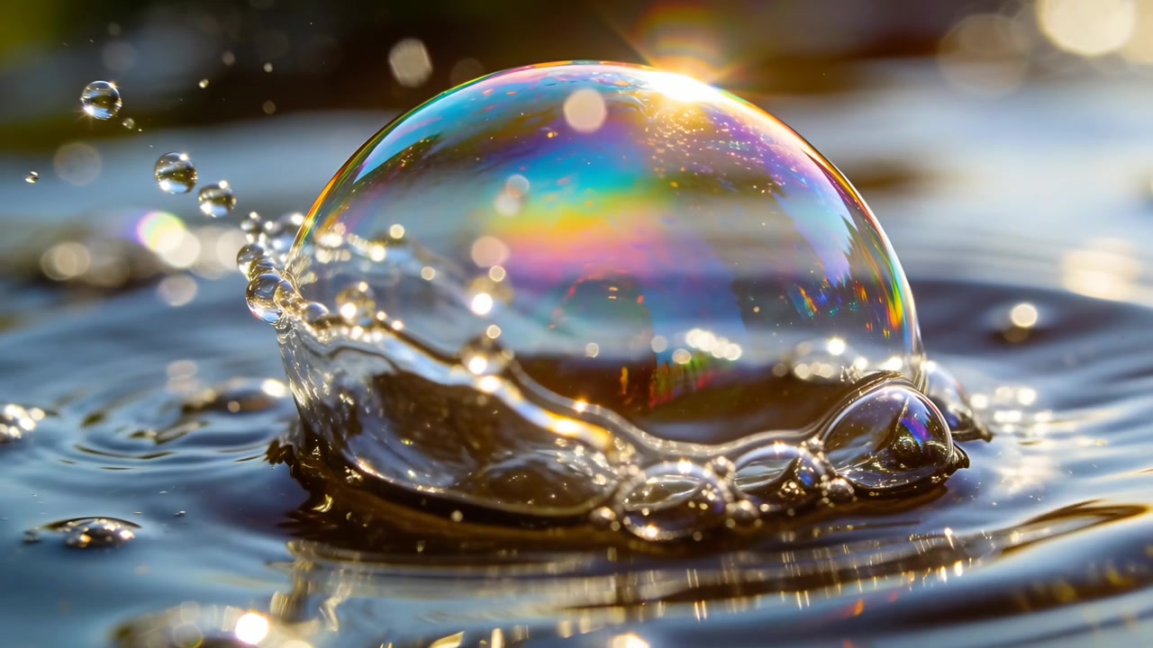 Droplet striking rainbow soap bubble, deforming, rupturing, forming crown splash on shallow water