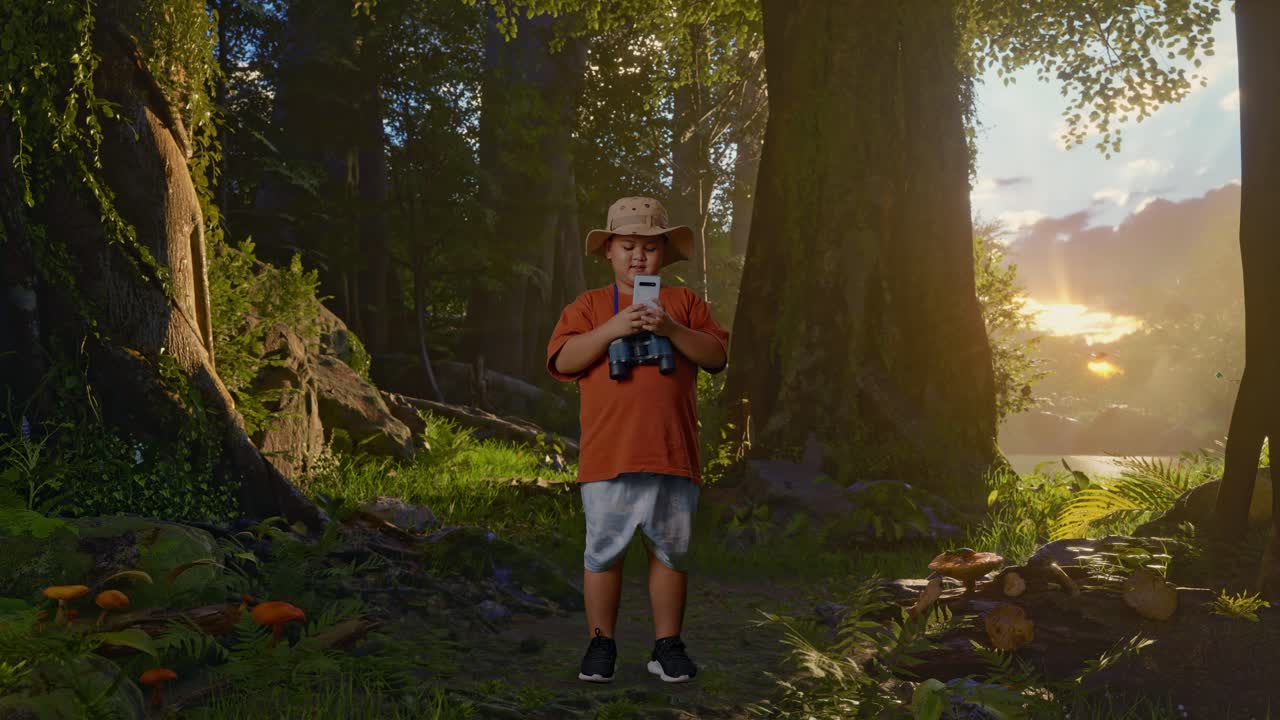 niño asiático con sombrero y binoculares mirando su teléfono inteligente y sonriendo mientras explora la naturaleza forestal. niño investigador examina algo, aventura de turismo de viaje, cuerpo completo