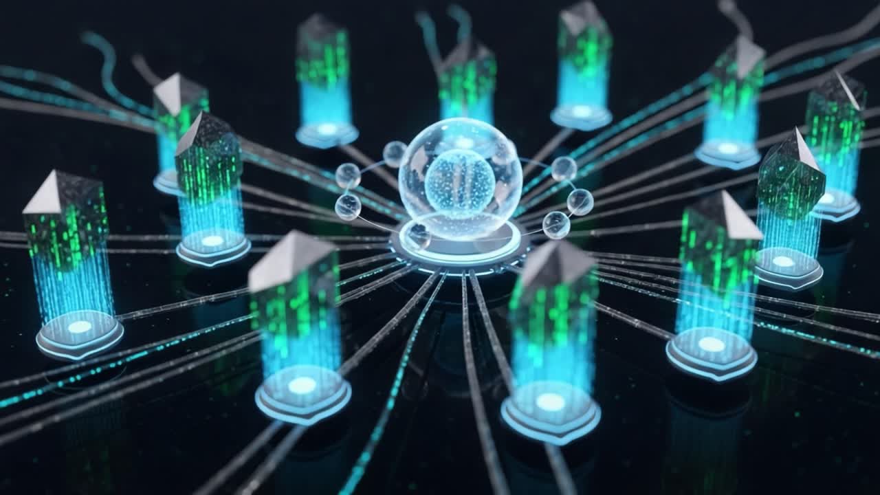 An Intricate Network of Crystal Structures and a Central Energy Sphere Radiating Light, Illustrating the Concept of Advanced Digital Communication and Data Flow