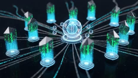 an intricate network of crystal structures and a central energy sphere radiating light, illustrating the concept of advanced digital communication and data flow
