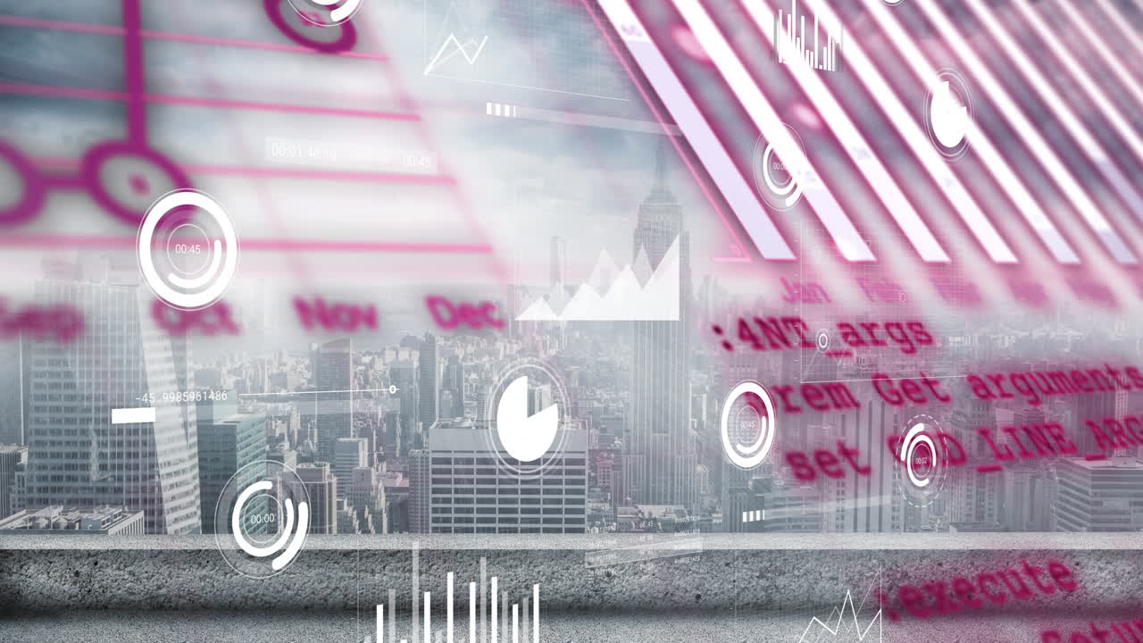 지도의 애니메이션과 구름이 가득한 도시 풍경에 대한 데이터 처리