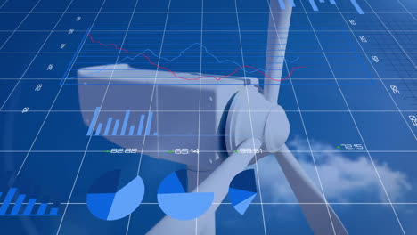 wind turbine with financial data charts animation over blue sky background