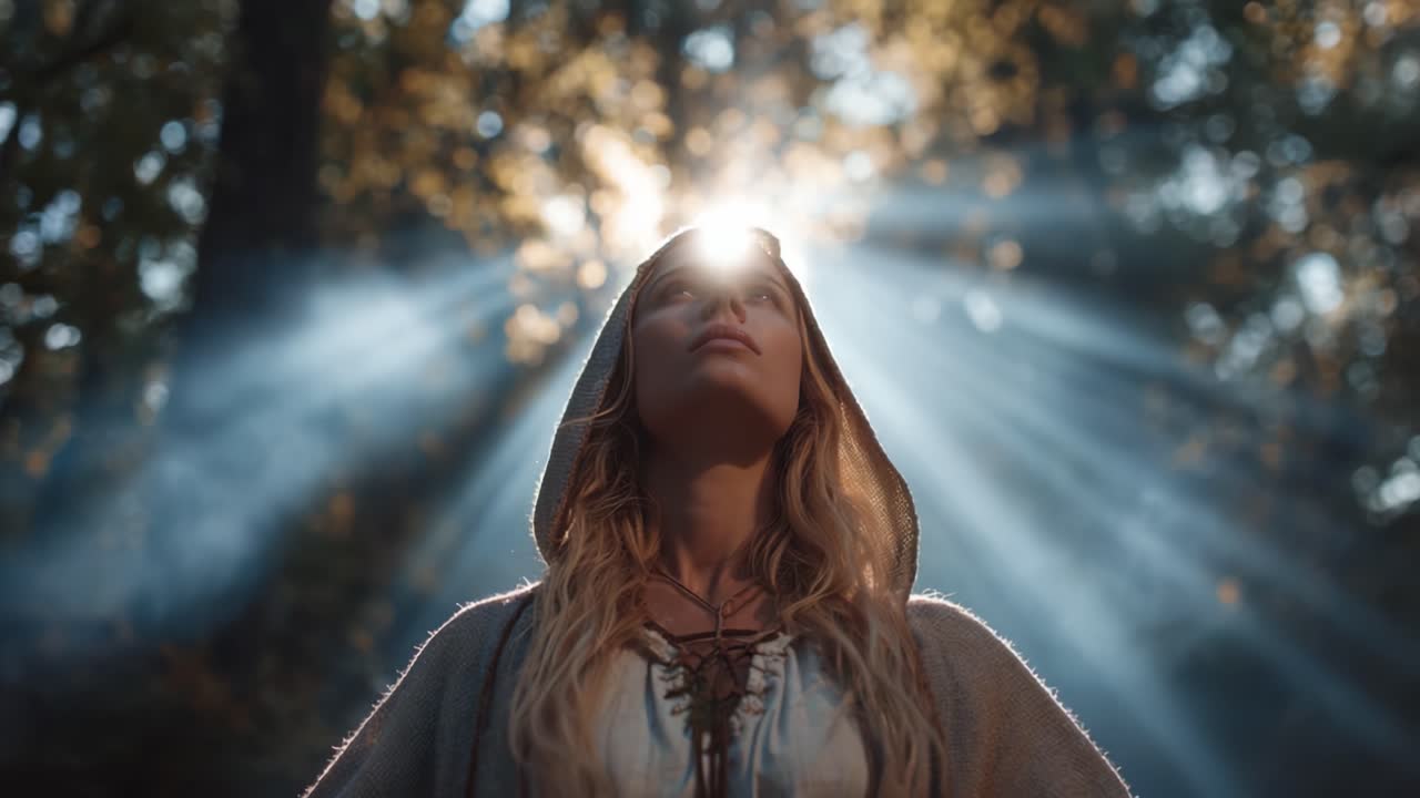 Ein gelassener Moment in der Natur: Eine junge Frau in ätherischem Licht, umgeben von einem verzauberten Wald und sanften Sonnenstrahlen.