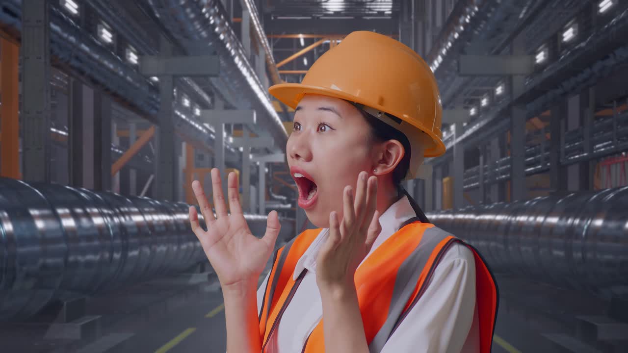Close Up Side View Of Asian Female Engineer With Safety Helmet Smiling And Saying Wow While Standing With Metal Pipes
