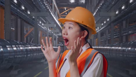 close up side view of asian female engineer with safety helmet smiling and saying wow while standing with metal pipes