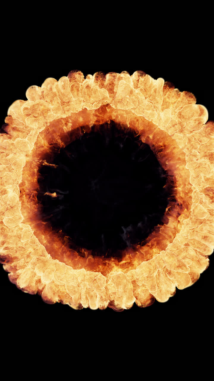 Dynamic Fire and Smoke Ring Bursting on Black Background
