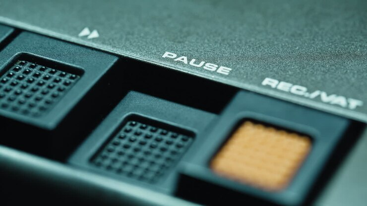 Thumb pushing pause key on deck machine interacting with audio control closeup