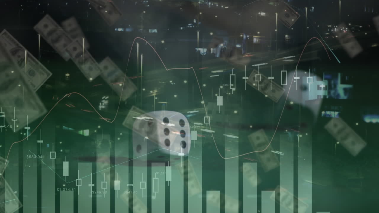 두 개의 주사위와 초록색 배경의 미국 달러 지폐에 대한 금융 데이터 처리 애니메이션