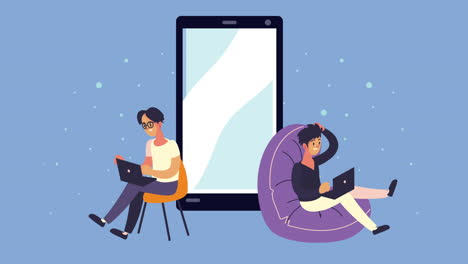 hombres jóvenes usando portátiles con teléfonos inteligentes